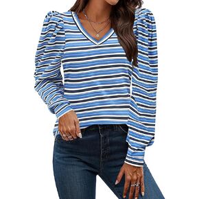 HOTOUCH Women's Knit Shirt Soft Puff Long Sleeve Blouse Tops Lightweight V Neck Tunic XS-XXL