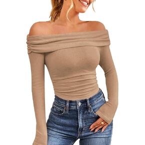 HOTOUCH Women Off Shoulder Tops Long Sleeves Casual Dressy Blouses Y2K Clothes Trendy Slim Fit Sexy Going Out Tops Shirt