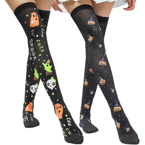 Halloween Pumpkin Ghost Black Thigh High Stockings with Pumpkin Ghost Web Bat Thigh High Long Stockings Over Knee Socks Women girl Halloween Cosplay Costume Party Tights Accessory 2 Pairs