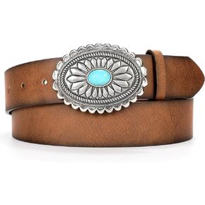 XZQTIVE Women Western Leather Belt Vintage Country Belts For Cowgirl Jeans Dresses Ladies Concho Belt With Turquoise Buckle