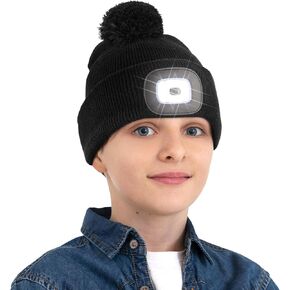 MELASA Hat with Light for Kids, Boys Girls Headlamp Beanie Winter Hat with Pom-Pom, Christmas Stocking Cap Stuffers Gifts