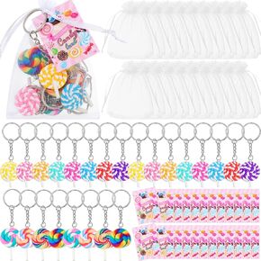 148 Pcs Candyland Party Favors Set Sweet Lollipops Keychains Charms Candyland Tags and Clear Organza Bags Candy Theme Party Decorations for Lollipop Candyland Birthday Baby Shower Supplies