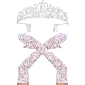 Long Lace Gloves for Women,1920s Opera Tea Party Gloves Shiny Tiara Crowns Bride Wedding Gloves Birthday Supllies
