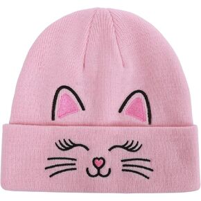 Kids Girls Cat Embroidery Beanies Winter Warm Knitted Hats Skull Cap for Ages 7-12 Years