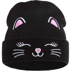 Kids Gils Cat Beanies Cute Embroidery Hats Winter Knitted Hat Unisex Skull Cuffed Skiing Caps Hats 7-14 Years