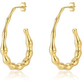 Bamboo Earrings 925 Sterling Silver Post Bamboo Earrings for Women 90s 14k Gold Plated Bamboo Hoop Earrings Lightweight Teardrop Earrings for Women Statement Gold Dangle Earrings Gift for Wife Mother Sisiter