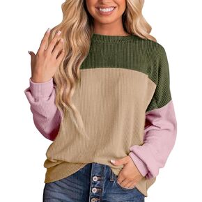 Long Sleeve Shirts for Women Color Block Tops Fall Fashion Ribbed Knit Tops Casual Loose Crewneck Pullover Shirts