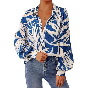 PRETTYGARDEN Womens V Neck Button Down Shirts Floral Lantern Long Sleeve Blouses Dressy Casual Work Tops Fall Clothes 2024