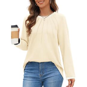 MEROKEETY Women's 2024 Fall Long Sleeve Tops Pleated Crew Neck Color Block Casual Loose Tee Shirts