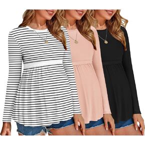 Ekouaer Maternity Shirts 3 Packs Pleated Long Sleeve Tops Tunic Casual Pregnancy Clothes