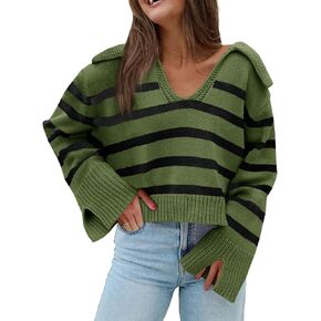 Saodimallsu Womens Striped Sweater V Neck Collared Fall Trendy Knitted Long Sleeve Loose Pullover Sweaters