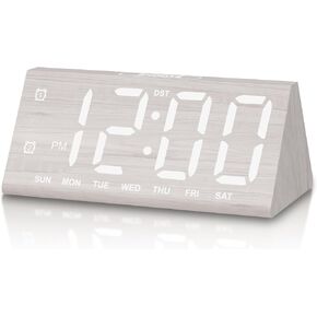 JALL Wooden Digital Alarm Clocks for Bedrooms, Large Bold Digits Electric Desk Clock, with Dual Alarm, USB Port, DST, Auto Dimmer for Wood Decor, Bedside, Gift, White