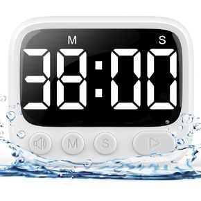 Shower Timer Waterproof Bathroom Timer Toilet Timer Digital Kitchen Timer for Wall Mount, Study Timer w/Foldable Stand, Countdown Timer/Stopwatch/Mute/High/Low Volume, White