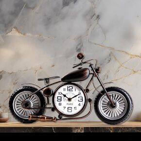 Motorcycle Tabletop Clock, Vintage Decorative Wall Clock Battery Operated, Rustic Desk Clock for Mantel Shelf Desk Decor, Silent Non-Ticking Metal Clock for Living Room Office Kitchen Bedroom, Brown