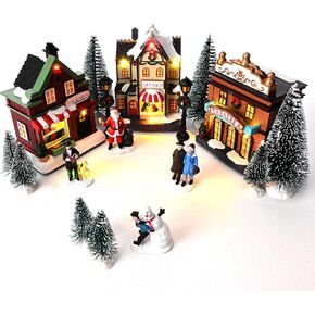 Valery Madelyn Pre-Lit Christmas Village Set House Decoration, Battery Operated Christmas Figurine Accessories Town Building Collection for Holiday Xmas DIY Tabletop (17 PCS)