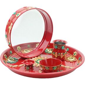 Aditri Creation Karwachauth Pooja Thali Puja Plate Decorative Steel Puja Thali with Kalash & Channi Essential Pooja Articles for Pooja Ritual Wedding Indian Traditional Festival Decor(Thali Size-11) in Saudi Arabia