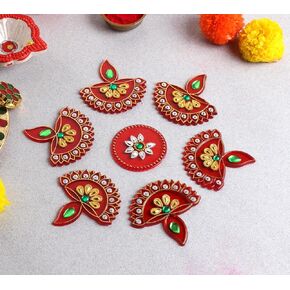 Red Diya Acrylic Rangoli Floor Decorations Table Decoration Studded Stones Sequins Traditional Festive Home Door Decor | ARTS-25