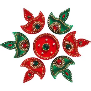 Red & Green Diya Acrylic Rangoli Floor Decorations Table Decoration Studded Stones Sequins Traditional Festive Home Door Decor Decoration for Party Festival and Gifting Small Rangoli 8" | ARTS-07