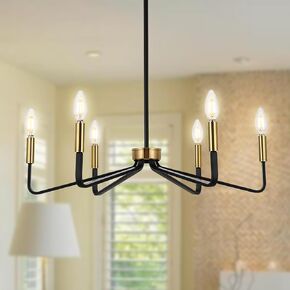 Black Farmhouse Chandelier for Dining Room, 6-Light Candle Dining Room Light Fixtures Over Table, Brushed Brass Modern Pendant Lights for Kitchen Island Living Room Foyer