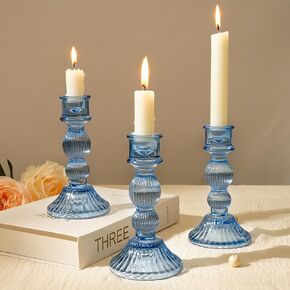 6" H Candlestick Holders, Green Glass Candle Holder Set of 3, Taper Candle Holders - Crystal Candle Stick Holder for Home Decor Wedding Party & Birthday, Christmas Table Decorations