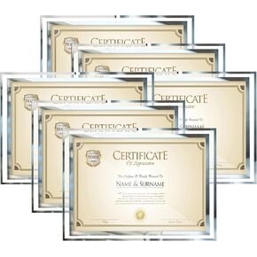 Set of 6 Glass Photo Frames, 8.5 x 11 Inch Silver Picture Certificate Frame, High Definition Clear Diploma Collection Frame for Document Award, Horizontal or Vertical for Table
