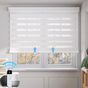 Motorized Zebra Blinds for Windows Work with Alexa and Google Home, Smart Dual Layer Shades with Remote Control, Electric Horizontal Blinds with Type-C ＆ Solar Panel, White, 48’’W x 72’’H