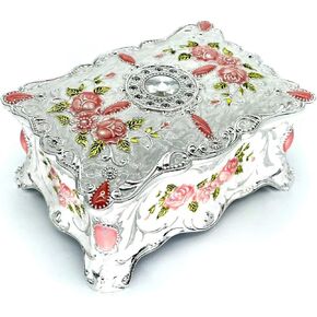 Jewelry Chest Rose Pastoral Style Metal Box Trinket Vintage Trinket Gemstone Storage Tray Treasure Ring Earrings Necklace Souvenir Gift Case for Girls Woman Ladies (White Blue Golden, Small)