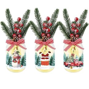 3 Pack Christmas Decorations Mason Jar with Lights for Christmas Table Centerpiece, Lighted Glass Bottles with Artificial Pine Picks Christmas Centerpieces Decor