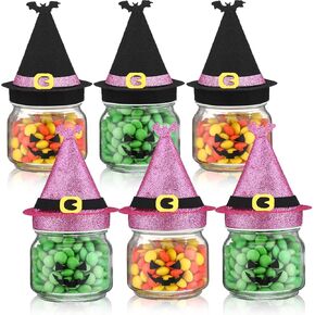 12 Pcs Halloween Glass Pumpkin Jars Halloween Candy Jars with Witch Hat Mini Mason Jars Trick or Treat Candy Jars with Lids for Tiered Tray Decor Table Centerpiece Party Favor