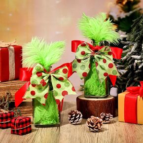 مجموعة من 2 قطع مركزية لطاولة عيد الميلاد برطمانات زجاجية مع فراء صناعي من الفرو الأخضر لتزيين طاولة عيد الميلاد، صينية متدرجة، برطمانات تزيين مع فيونكة لتزيين القطعة المركزية للعطلات في المنزل in Kuwait