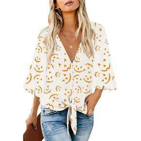 luvamia Women's Casual V Neck Tops 3/4 Sleeve Tie Knot Blouses Solid Button Down Shirts