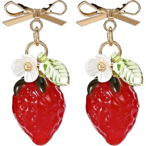 ONEYIM 3D Red Cherry Drop Earrings Cute Fruit Gold Dangle Earrings Charm Jewelry Gift Earrings for Women Girls