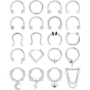 Besteel 20 Pcs Septum Rings 16G Hypoallergenic Surgical Steel Hinged Clicker Nose Rings Hoops for Women Men Cute CZ Dangle Horseshoe Lip Helix Tragus Daith Cartilage Piercing Jewelry 10MM