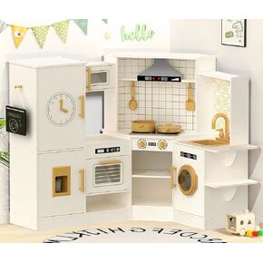 Play Kitchen for Kids, Wooden Kids Kitchen Playset W/Real Lights & Sounds, Trendy Home Style Play Kitchen for Kids W/a Modern Design, Toy Kitchen Set W/ 24 Pcs Toy Food & Cookware Accessories