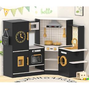 Play Kitchen for Kids, Wooden Kids Kitchen Playset W/Real Lights & Sounds, Trendy Home Style Play Kitchen for Kids W/a Modern Design, Toy Kitchen Set W/ 24 Pcs Toy Food & Cookware Accessories