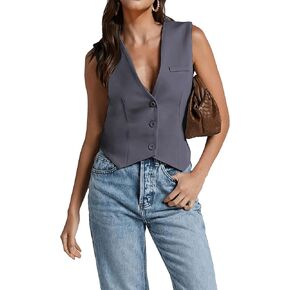 Womens V Neck Blazer Vest Set Button up Cropped Casual Tops Sleeveless Business Waistcoat