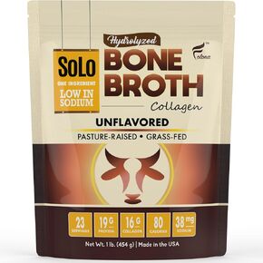 Solo Bone Broth Protein Powder|Low Sodium, Pure Hydrolyzed Collagen, For Healthy Skin, Nails, Hair, Joints & Digestion, Grass Fed, Non-GMO, Gluten Free, Paleo/Keto Friendly, 20g Protein Per Serving