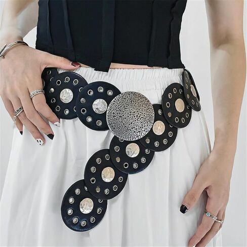 Women Wide Boho Disc Leather Belt Vintage Western Chunky Oval Concho Belt Y2k Grunge Accessories in Saudi Arabia