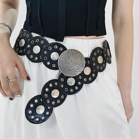 Women Wide Boho Disc Leather Belt Vintage Western Chunky Oval Concho Belt Y2k Grunge Accessories in Saudi Arabia