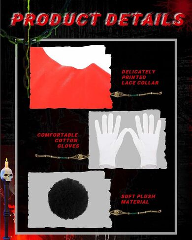 Jecery 5 Pcs Scary Clown Halloween Deluxe Adult Costume Gloves Collar Plush Buttons for Halloween Birthday Party Supplies in Kuwait