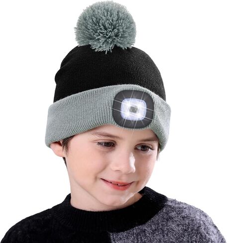 MELASA Hat with Light for Kids, Boys Girls Headlamp Beanie Winter Hat with Pom-Pom, Christmas Stocking Cap Stuffers Gifts in Saudi Arabia