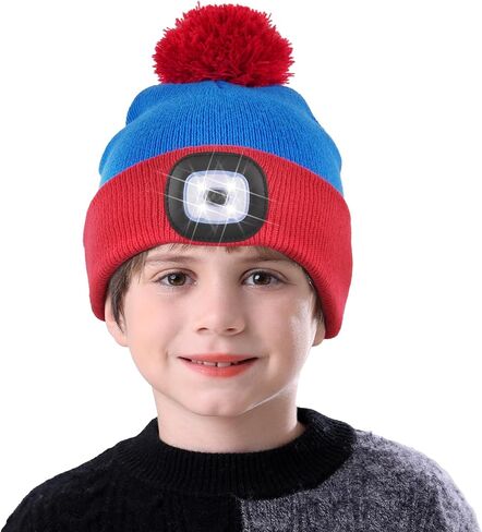 MELASA Hat with Light for Kids, Boys Girls Headlamp Beanie Winter Hat with Pom-Pom, Christmas Stocking Cap Stuffers Gifts in Saudi Arabia