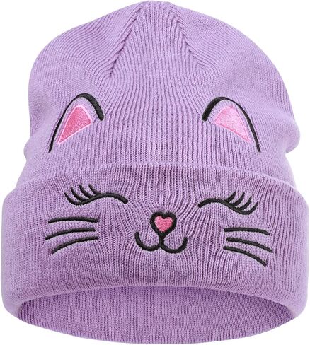 Kids Gils Cat Beanies Cute Embroidery Hats Winter Knitted Hat Unisex Skull Cuffed Skiing Caps Hats 7-14 Years in Kuwait