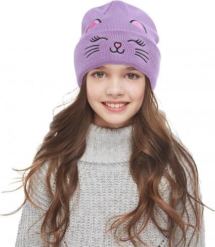 Kids Gils Cat Beanies Cute Embroidery Hats Winter Knitted Hat Unisex Skull Cuffed Skiing Caps Hats 7-14 Years in Kuwait