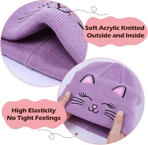 Kids Gils Cat Beanies Cute Embroidery Hats Winter Knitted Hat Unisex Skull Cuffed Skiing Caps Hats 7-14 Years in Kuwait