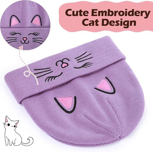 Kids Gils Cat Beanies Cute Embroidery Hats Winter Knitted Hat Unisex Skull Cuffed Skiing Caps Hats 7-14 Years in Kuwait