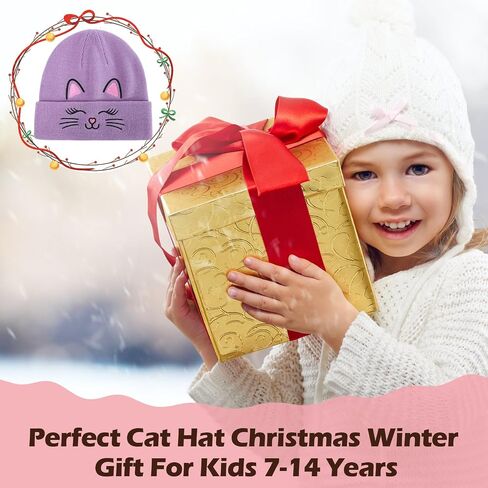 Kids Gils Cat Beanies Cute Embroidery Hats Winter Knitted Hat Unisex Skull Cuffed Skiing Caps Hats 7-14 Years in Kuwait