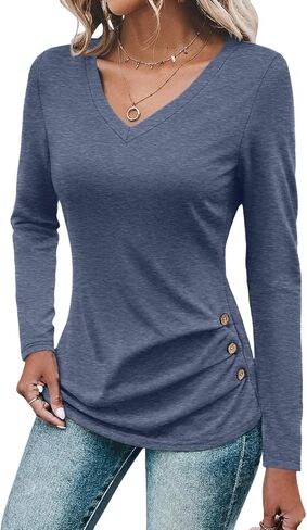 Womens V Neck Long Sleeve Shirts Ruched Tops Dressy Casual Tshirts Fall Fashion Outfits 2024 in Kuwait