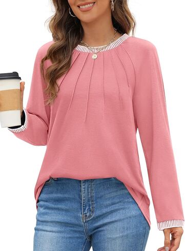 MEROKEETY Women's 2024 Fall Long Sleeve Tops Pleated Crew Neck Color Block Casual Loose Tee Shirts in Saudi Arabia