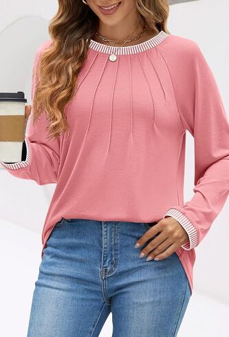 MEROKEETY Women's 2024 Fall Long Sleeve Tops Pleated Crew Neck Color Block Casual Loose Tee Shirts in Saudi Arabia
